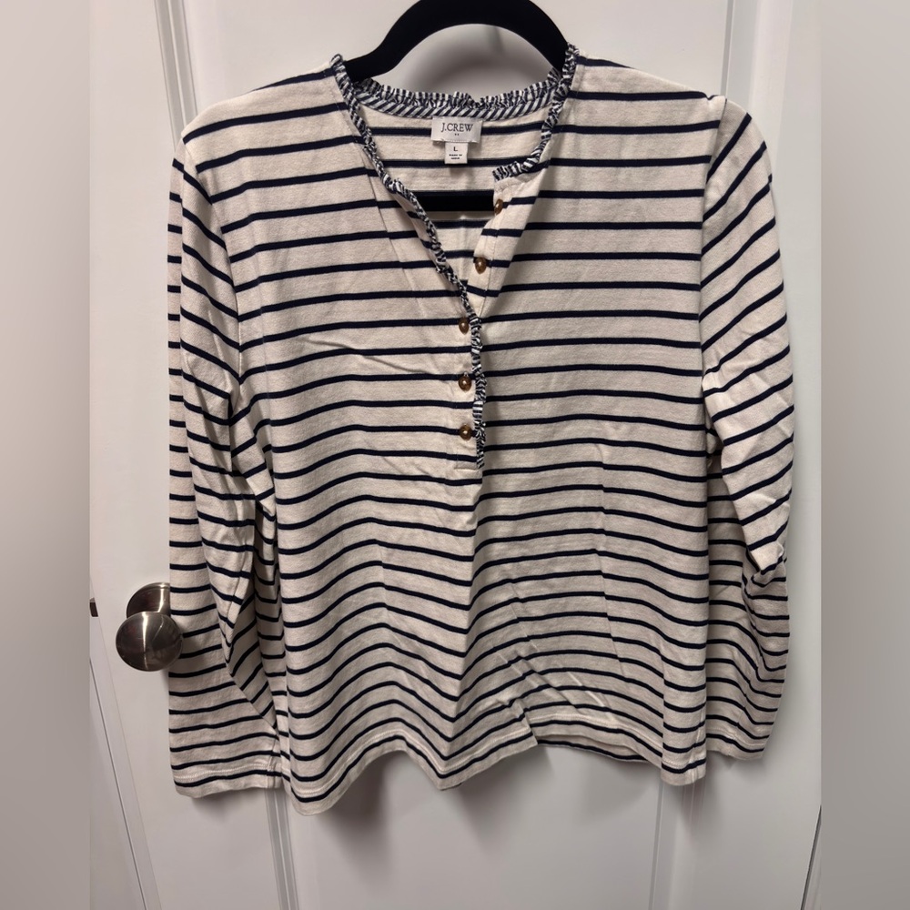 J. Crew Navy and White Striped Ruffle Collar Top